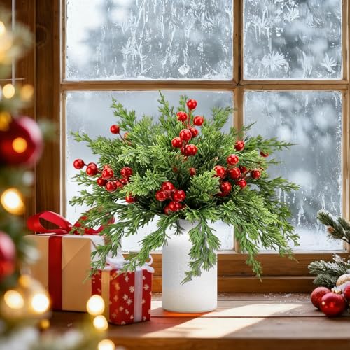 CloudValley 50pcs Artificial Christmas Flowers with a Vase Red Berry Stems Faux Norfolk Pine Garland Branches Evergreen Picks Suitable for DIY Christmas Trees Winter Home Holiday Decor - Image 3
