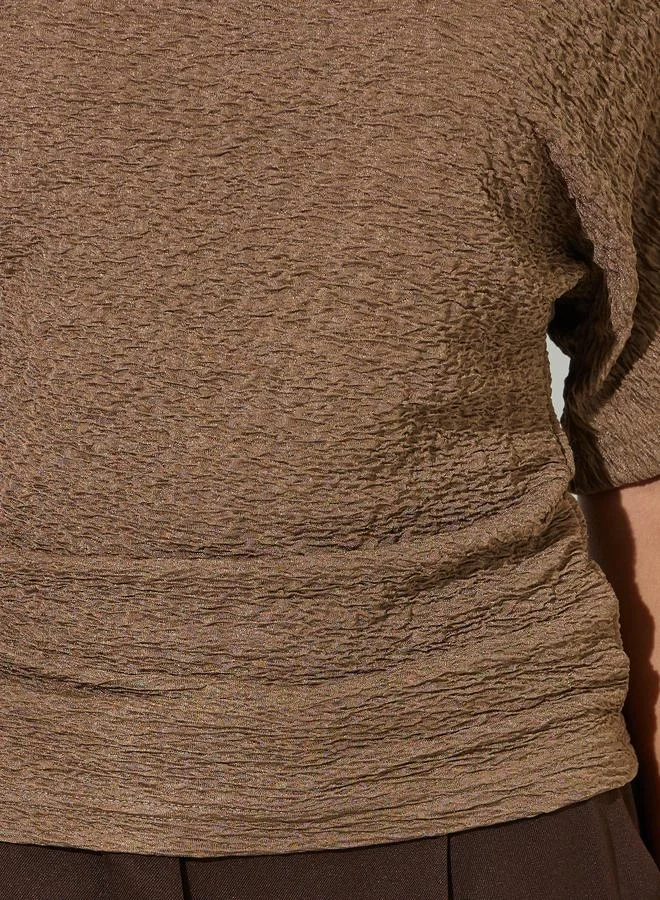 Styli  Brown Solid Knit Short Sleeve High Neck Top for Women | Best Price UAE
