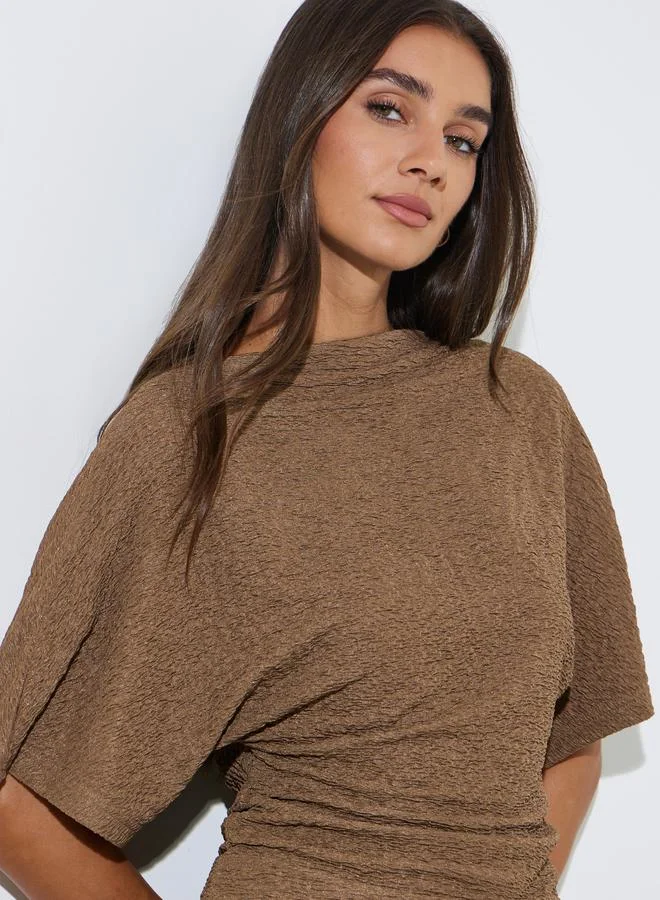 Brown Solid Knit Short Sleeve High Neck Top
