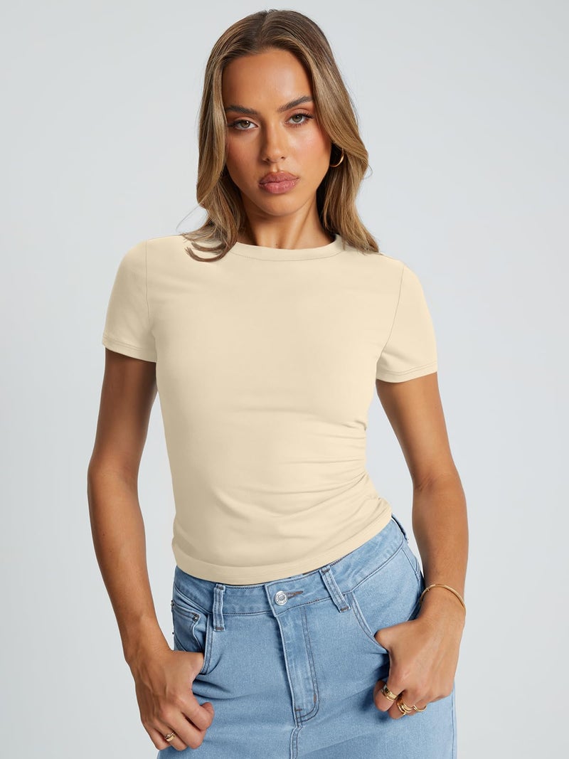 Trendy Queen Womens Basic T Shirts Summer Tops 2026 Crop Short Sleeve Y2k Tee Cute Gym Workout Clothes Beige M - Image 2