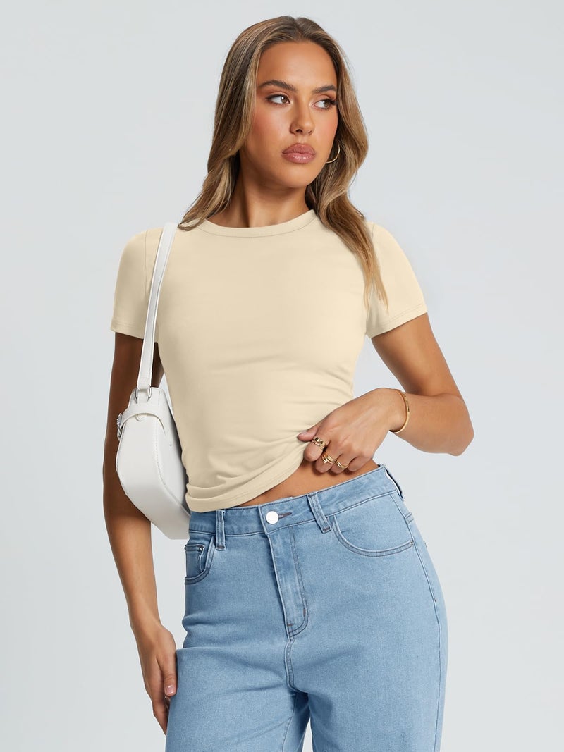 Trendy Queen Womens Basic T Shirts Summer Tops 2026 Crop Short Sleeve Y2k Tee Cute Gym Workout Clothes Beige M - Image 5