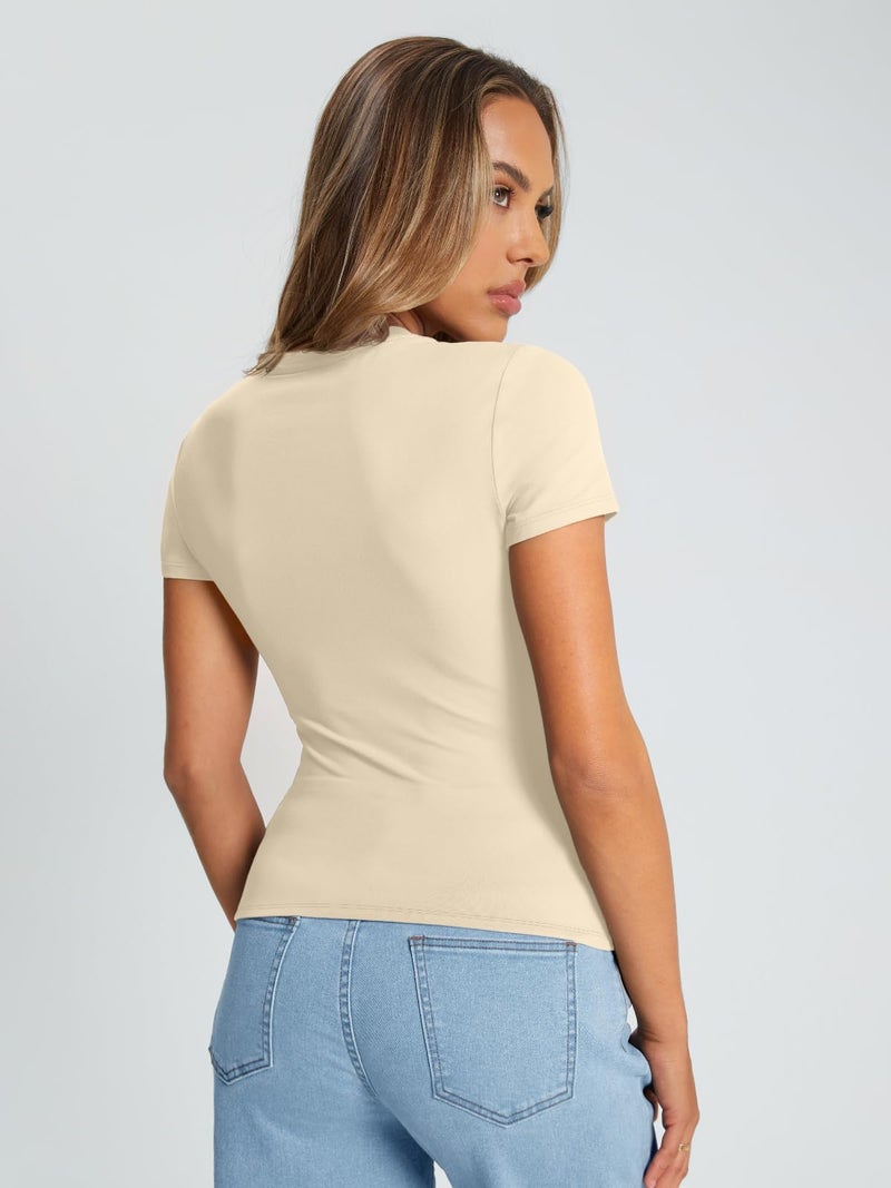 Trendy Queen Womens Basic T Shirts Summer Tops 2026 Crop Short Sleeve Y2k Tee Cute Gym Workout Clothes Beige M - Image 4