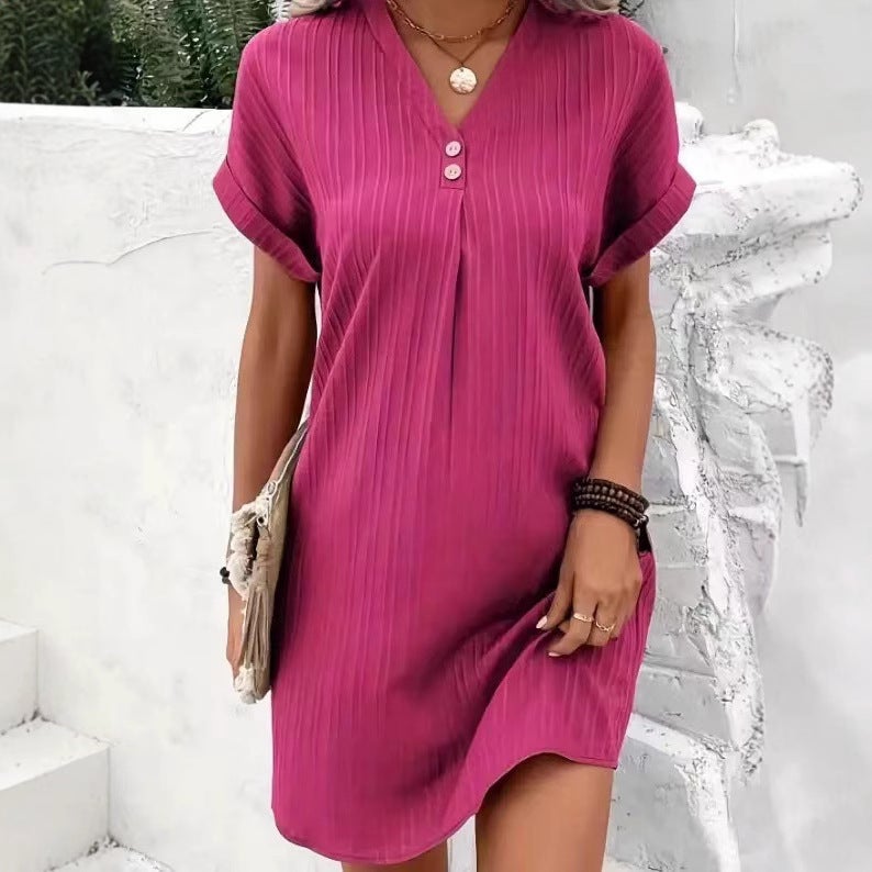 Women's V-Neck Solid Pullover Casual Button Dress - Image 4