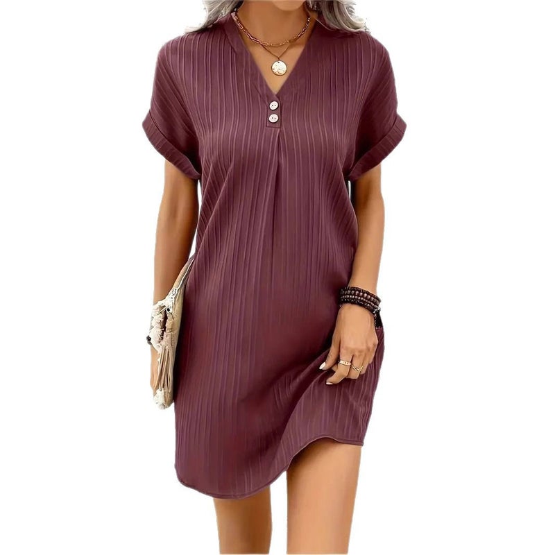 Women's V-Neck Solid Pullover Casual Button Dress - Image 5
