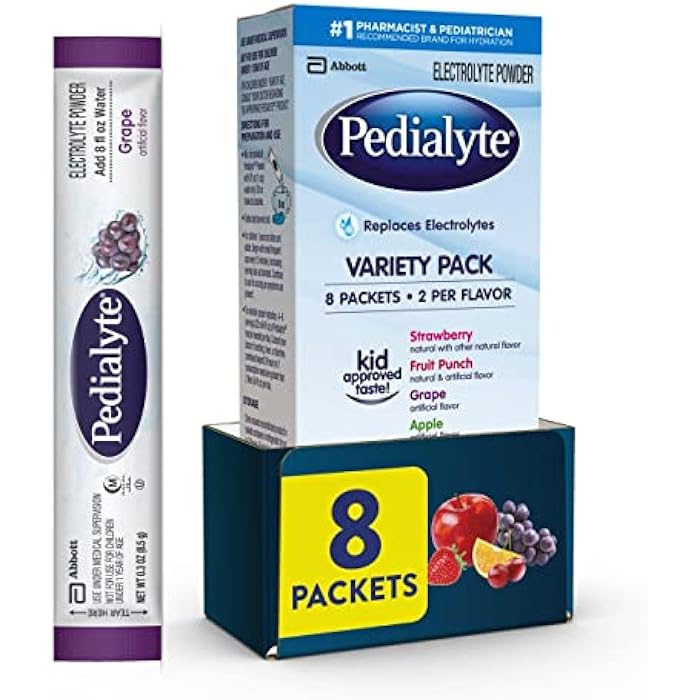 Pedialyte Electrolyte Powder | Hydration Drink for Kids & Adults | Variety Pack: Grape, Strawberry Fruit Punch, and Apple, 8 Powder Packets - Image 1