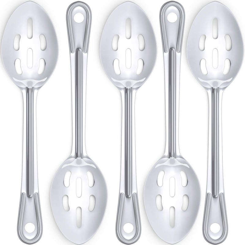 Super Strong Ergonomic 11 in Serving Spoon 5 Pk Big Slotted Stainless Steel Spoons for Cooking Baking and Basting Best Kitchen Flatware for Buffet and Banquet Service in Restaurants and Homes