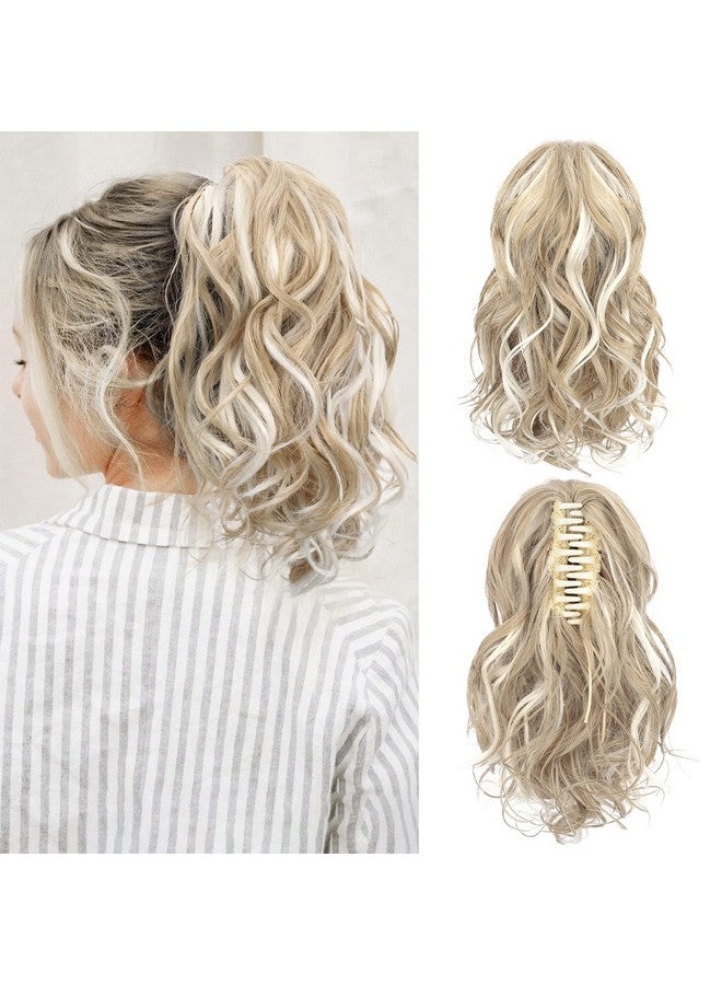 SEIKEA 10" إكستنشن ذيل حصان قصير سميك مموج ومجعد مع مشبك للنساء شقراء متوسطة مع خصلات شقراء بيضاء - Image 1