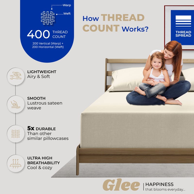 THREAD SPREAD 100% Cotton King Size Pillowcases Set of 2-400 Thread Count Cotton Pillow Cases  Ultra Soft Cool Sateen Weave King Size Pillow Cases  Set of 2 Pillow Covers for King Pillows (Ivory) - Image 2