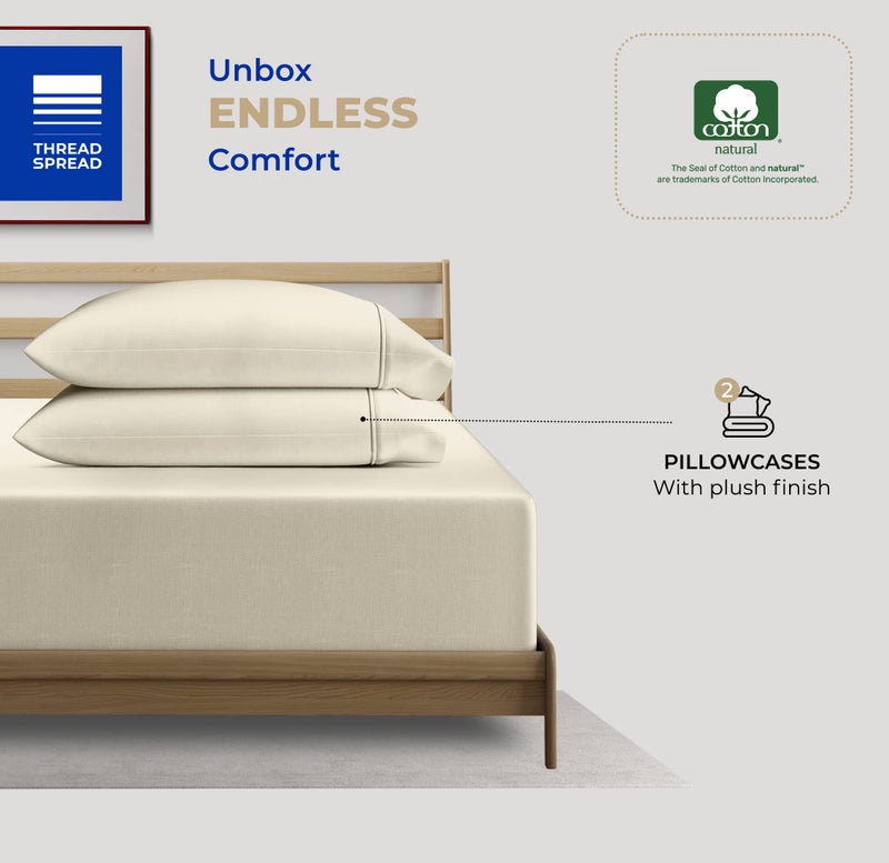 THREAD SPREAD 100% Cotton King Size Pillowcases Set of 2-400 Thread Count Cotton Pillow Cases  Ultra Soft Cool Sateen Weave King Size Pillow Cases  Set of 2 Pillow Covers for King Pillows (Ivory) - Image 3