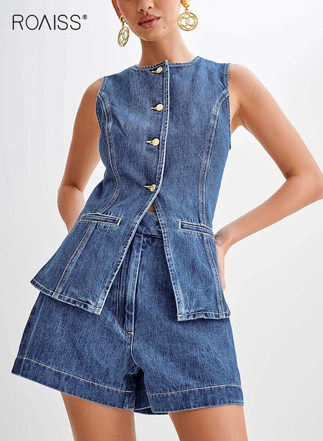 roaiss Women's Sleeveless Denim Suit Chic Summer Outfit Denim Set Ladies Sleeveless Crewneck Button-Up Denim Vest Top and High Waist Denim Shorts Trendy Comfortable Blue - Image 1