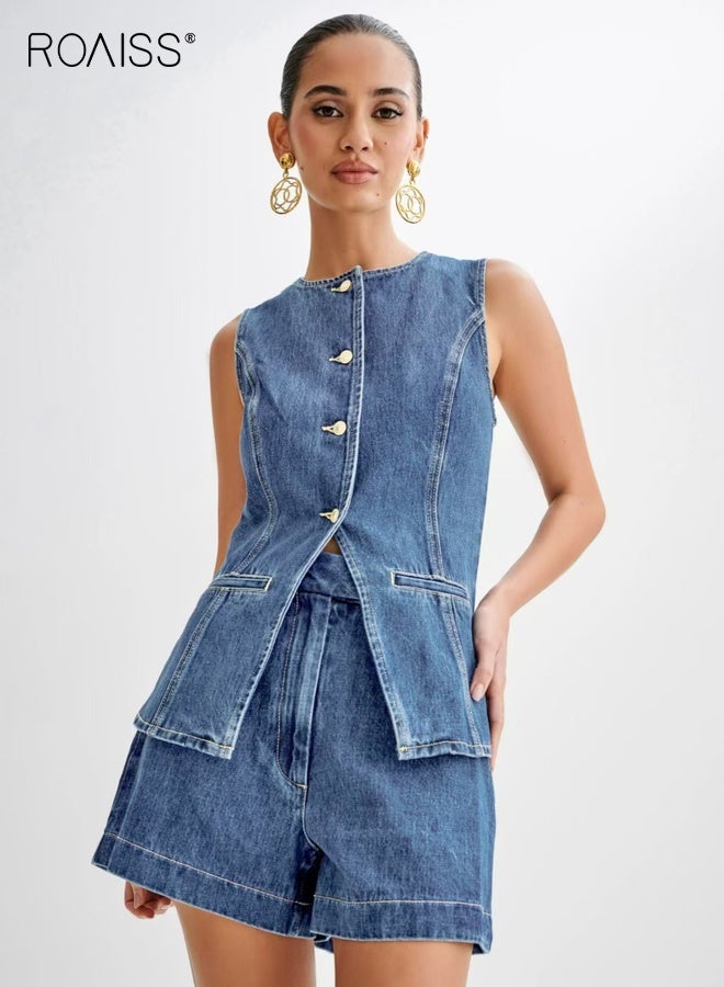 roaiss Women's Sleeveless Denim Suit Chic Summer Outfit Denim Set Ladies Sleeveless Crewneck Button-Up Denim Vest Top and High Waist Denim Shorts Trendy Comfortable Blue - Image 2