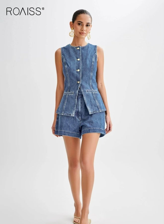 roaiss Women's Sleeveless Denim Suit Chic Summer Outfit Denim Set Ladies Sleeveless Crewneck Button-Up Denim Vest Top and High Waist Denim Shorts Trendy Comfortable Blue - Image 5
