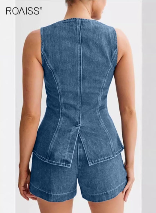 roaiss Women's Sleeveless Denim Suit Chic Summer Outfit Denim Set Ladies Sleeveless Crewneck Button-Up Denim Vest Top and High Waist Denim Shorts Trendy Comfortable Blue - Image 4