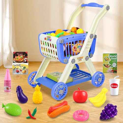 Ming You Kids Shopping Cart 2 in 1 Toy Shopping Cart with Play Food Fruit Vegetable Dessert and Shop Accessories 72pcs Pretend Play Grocery Store Toy Kitchen Game Trolley Play Set for Kids Navy Blue - Image 5