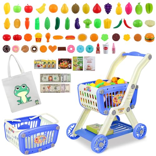 Ming You Kids Shopping Cart 2 in 1 Toy Shopping Cart with Play Food Fruit Vegetable Dessert and Shop Accessories 72pcs Pretend Play Grocery Store Toy Kitchen Game Trolley Play Set for Kids Navy Blue - Image 1
