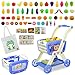 Ming You Kids Shopping Cart 2 in 1 Toy Shopping Cart with Play Food Fruit Vegetable Dessert and Shop Accessories 72pcs Pretend Play Grocery Store Toy Kitchen Game Trolley Play Set for Kids Navy Blue - Image 2