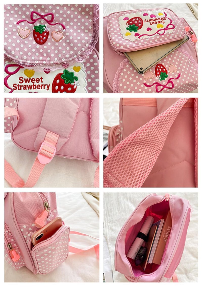 Sothuba Kawaii Strawberry Embroidery Backpack for Girls Teens Students School Bag Satchel Cute Pink Lace JK Backpack - Image 4