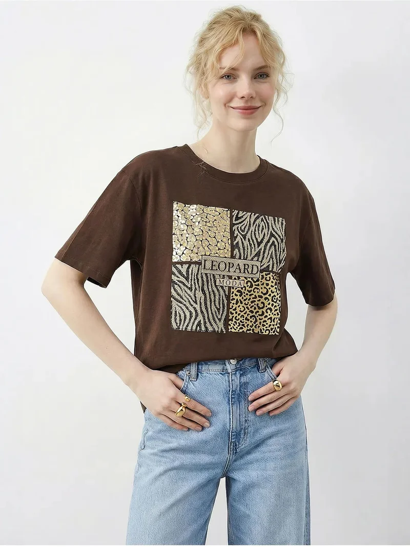 LUCCI Leopard Print Sequin Crew Neck T-Shirt