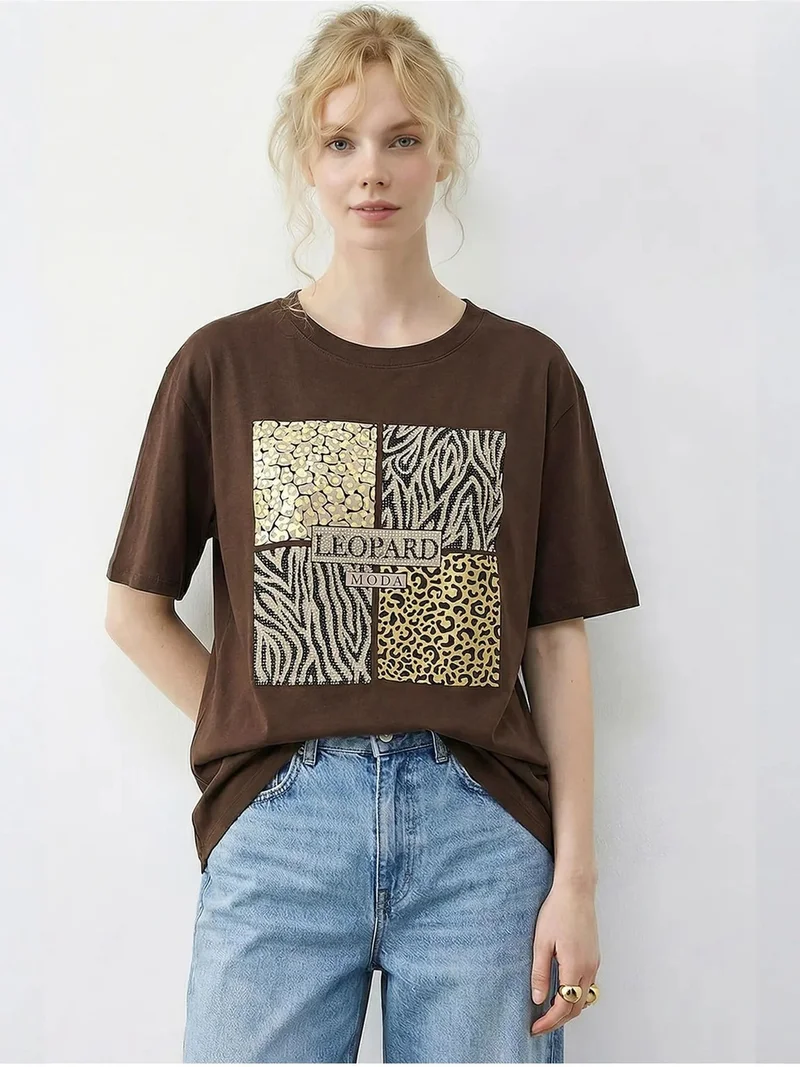 Bianco Lucci Dark Mocha Brown LUCCI Leopard Print Sequin Crew Neck T-Shirt for Women | Best Price UAE