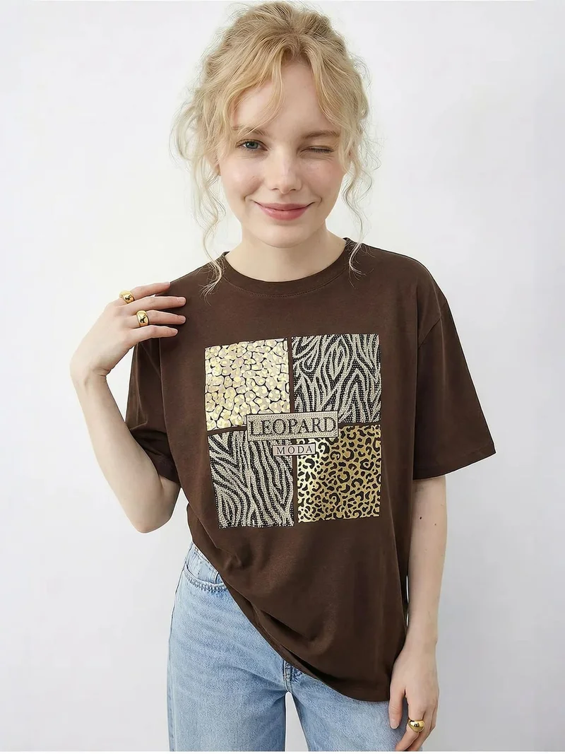 Bianco Lucci Dark Mocha Brown LUCCI Leopard Print Sequin Crew Neck T-Shirt for Women | Best Price UAE