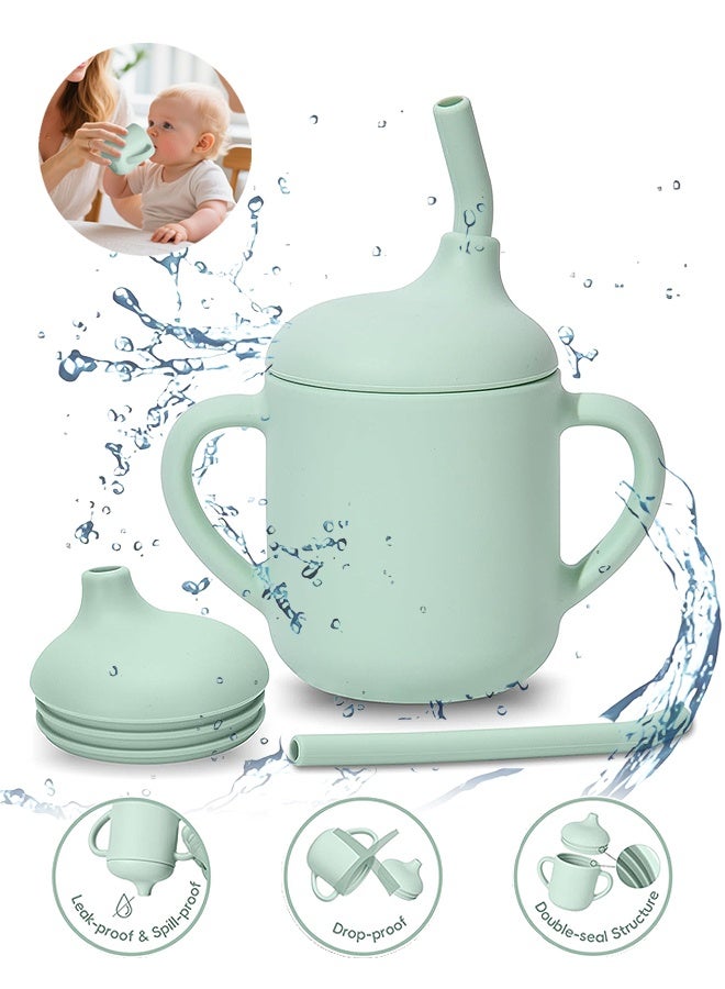 Photon أكواب سيليكون رقيقة وأكواب الأطفال الخفيفة وكأس التدريب على شرب السيليكون الصغير مع المقابض والقش للطفل والطفل (أخضر) - Image 1