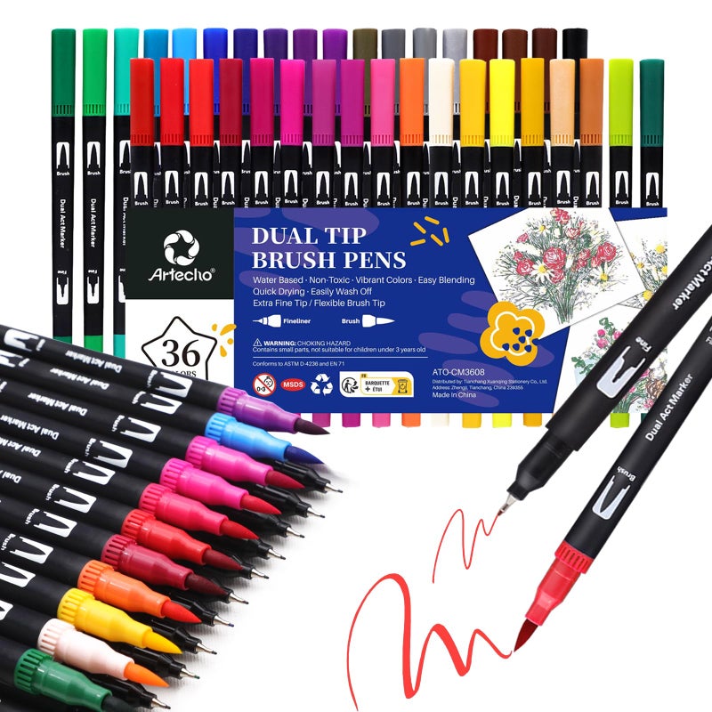 Artecho 36 Colors Markers for Adult Coloring Books Dual Tip Markers for School Fine and Brush Tip for Adults Coloring Books Calligraphy Drawing Sketching - Image 3