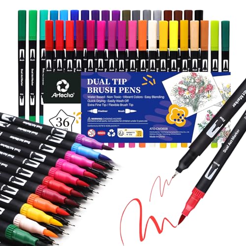 Artecho 36 Colors Markers for Adult Coloring Books Dual Tip Markers for School Fine and Brush Tip for Adults Coloring Books Calligraphy Drawing Sketching - Image 1