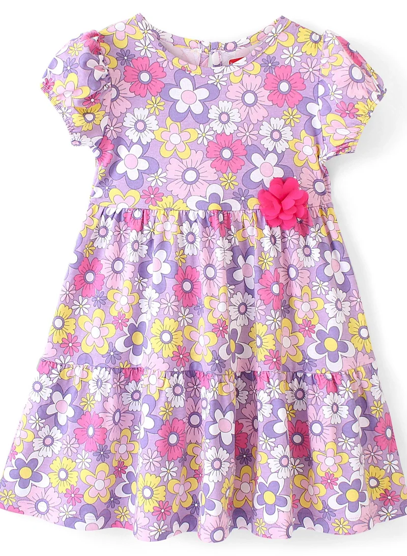 babyhug Babyhug 100% Cotton Knit Half Sleeves Frock With Floral Print - Purple
