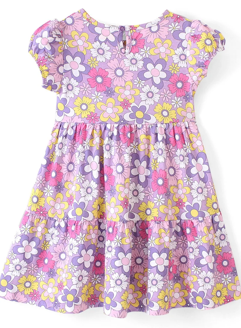 babyhug Babyhug 100% Cotton Knit Half Sleeves Frock With Floral Print - Purple