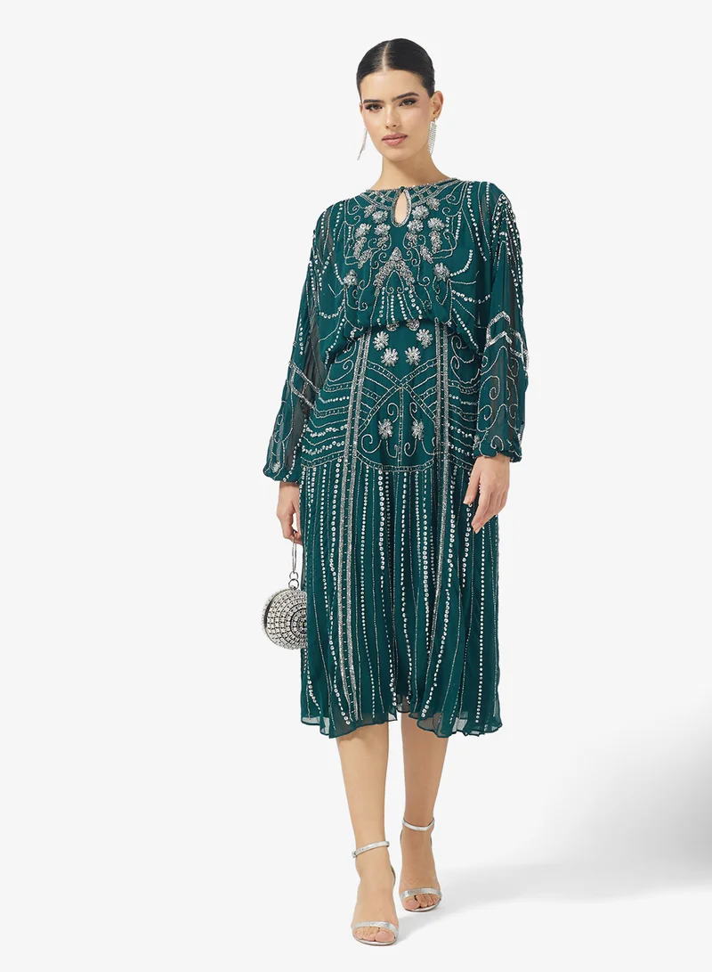 Amelia Rose Flared Sleeve Embellished Midi Dress