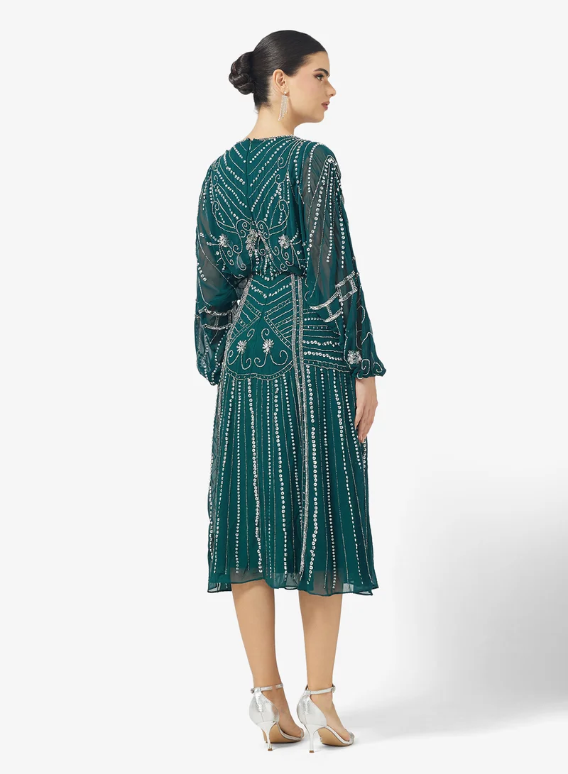 Amelia Rose Flared Sleeve Embellished Midi Dress