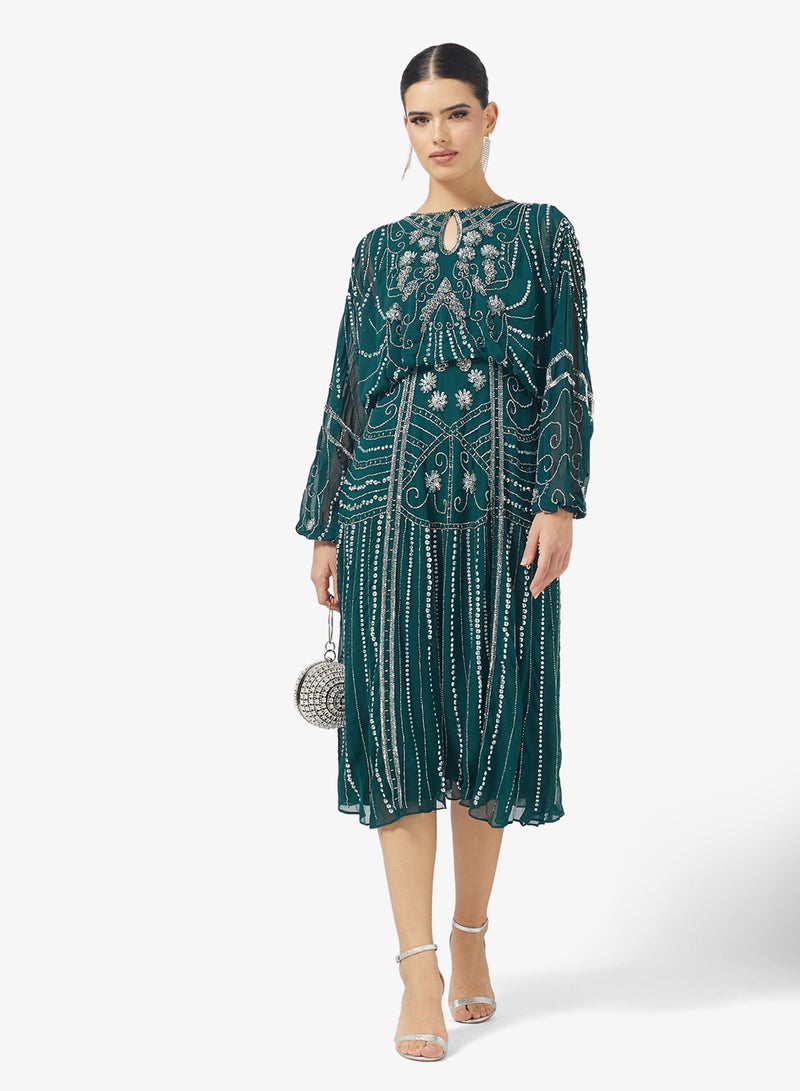 Amelia Rose Flared Sleeve Embellished Midi Dress - Image 1