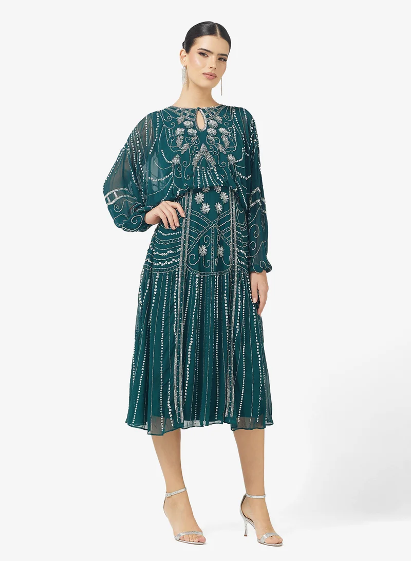 Amelia Rose Flared Sleeve Embellished Midi Dress