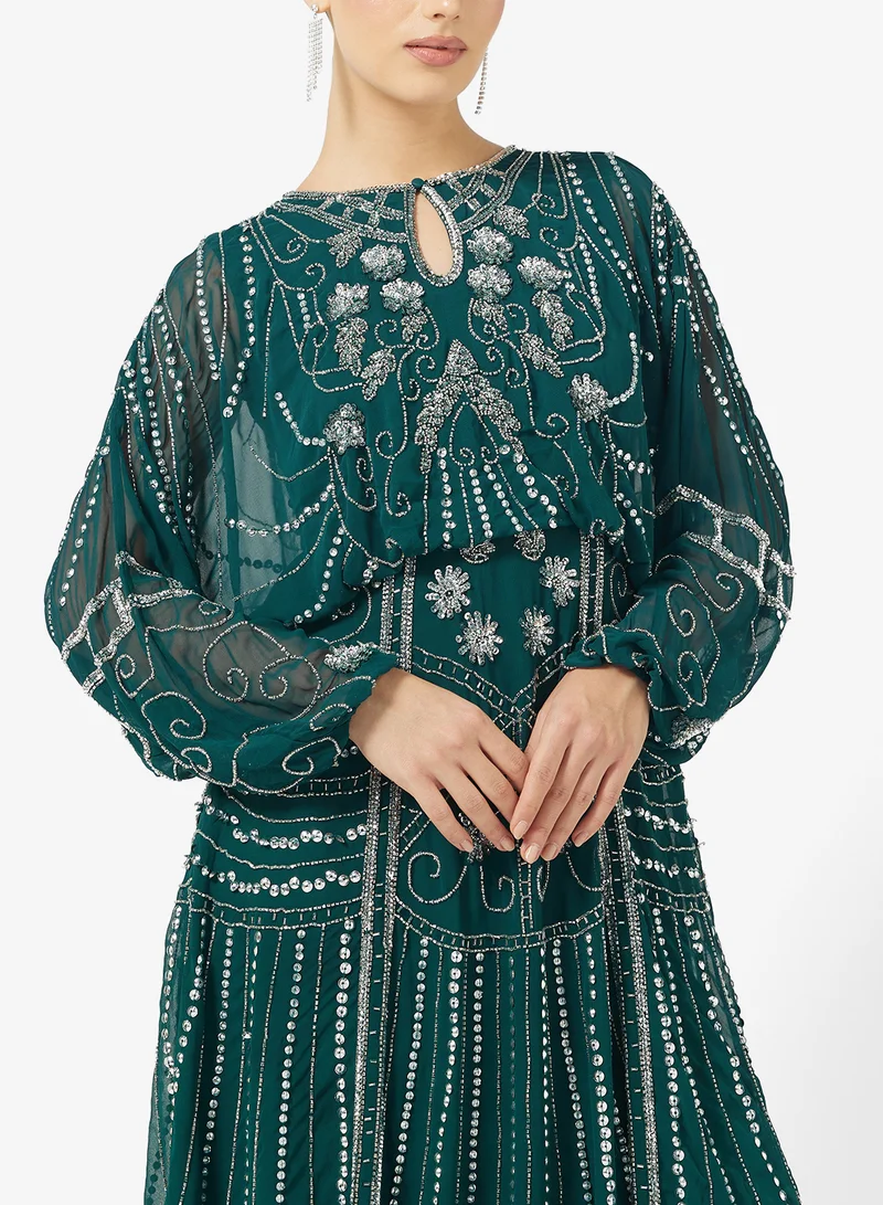Amelia Rose Flared Sleeve Embellished Midi Dress