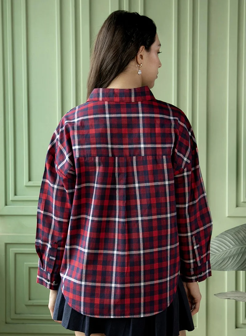 PINACOLADA  Women's Scarlet Red:Navy Blue Buffalo-Grid Check Oversized Shirt for Women | Best Price UAE