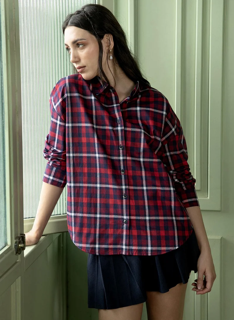 PINACOLADA Women's Scarlet Red:Navy Blue Buffalo-Grid Check Oversized Shirt
