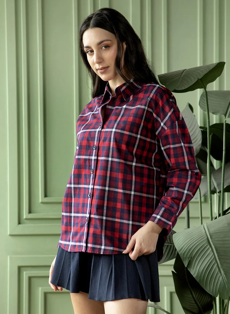 PINACOLADA  Women's Scarlet Red:Navy Blue Buffalo-Grid Check Oversized Shirt for Women | Best Price UAE