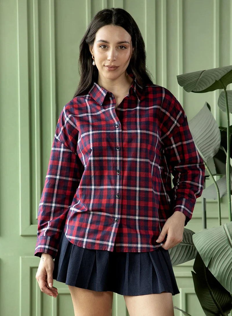 PINACOLADA Women's Scarlet Red:Navy Blue Buffalo-Grid Check Oversized Shirt