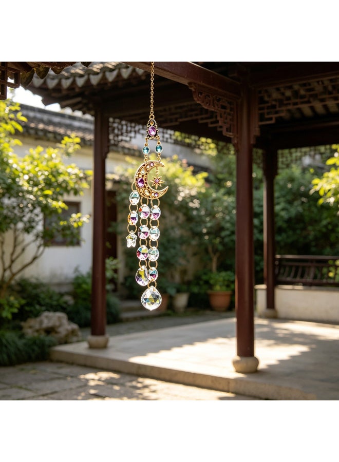 Handmade Glass Crystal Suncatcher, Moon and Stars Design Hanging Ornament,  20cm - Image 2