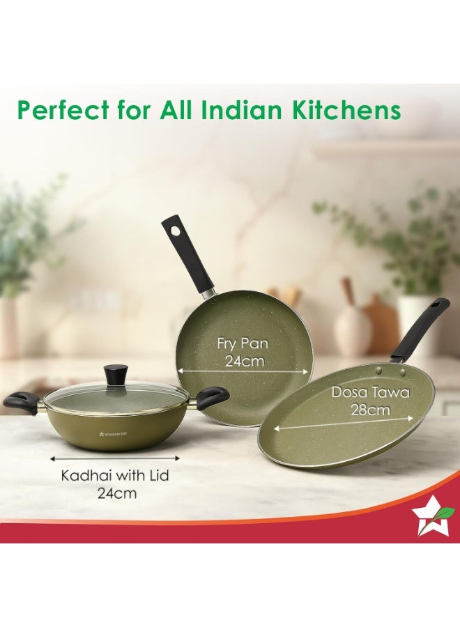 Wonderchef Valencia Non-Stick Cookware 4 Pc. Set | Kadhai with Lid 24 cm, Fry Pan 24 cm, Dosa Tawa 28 cm | Pure Grade Aluminium | PFOA Free | 2-Yr Warranty | Olive Green - Image 4
