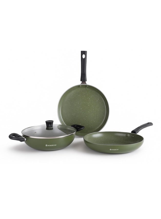 Wonderchef Valencia Non-Stick Cookware 4 Pc. Set | Kadhai with Lid 24 cm, Fry Pan 24 cm, Dosa Tawa 28 cm | Pure Grade Aluminium | PFOA Free | 2-Yr Warranty | Olive Green - Image 1