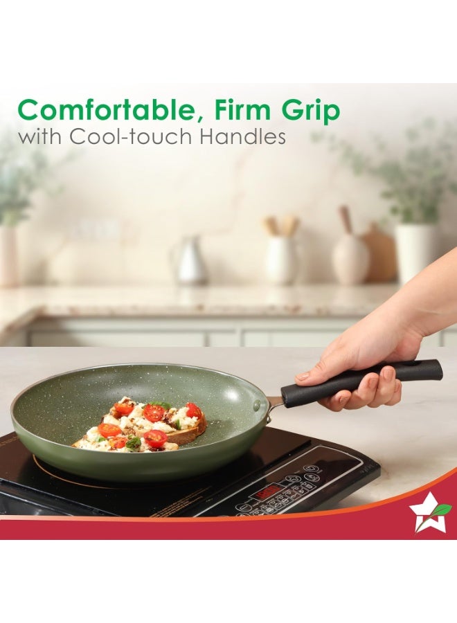Wonderchef Valencia Non-Stick Cookware 4 Pc. Set | Kadhai with Lid 24 cm, Fry Pan 24 cm, Dosa Tawa 28 cm | Pure Grade Aluminium | PFOA Free | 2-Yr Warranty | Olive Green - Image 2