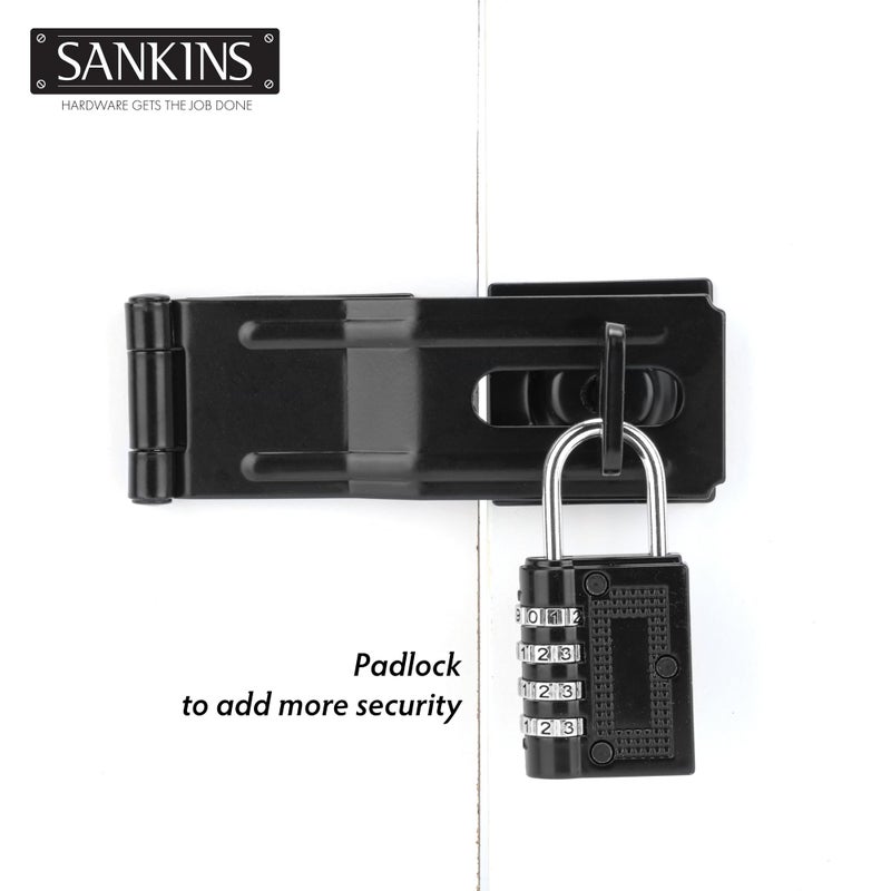 SANKINS 4-1/2" Swivel Staple Safety Hasps, Gate Door Hasp Latches Safety Packlock Clasp Locking with Twist Knob for Fence, Gate, Cabinet, Black - Image 5