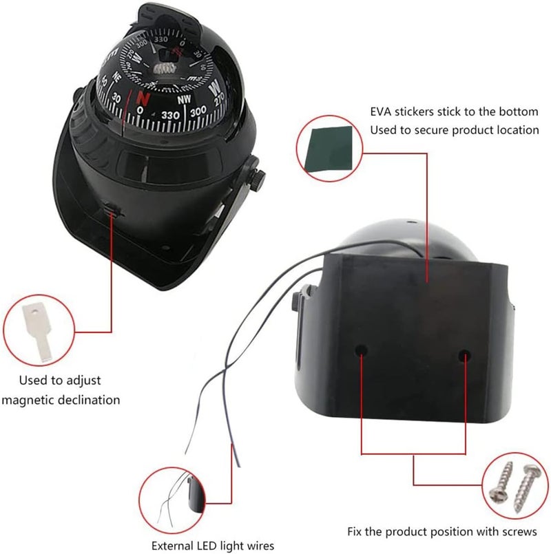 woobles Compass Boating Navigation Marine Compass, Electronic LED Light Pivoting Compass, Multifunction Digital Navigation Compass with Night Lighting for Marine Boat Truck Car, Black - Image 3