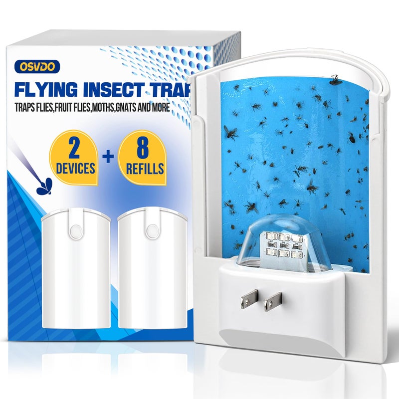 OSVDO 2 Pack Flying Insect Traps for Indoor, Plug-in Bug Catcher for Flies, Fruit Flies, Gnats, Moths, Noiseless for Home, 30-Day Glue Card Replaced (2 Devices & 8 Refills) - Image 1