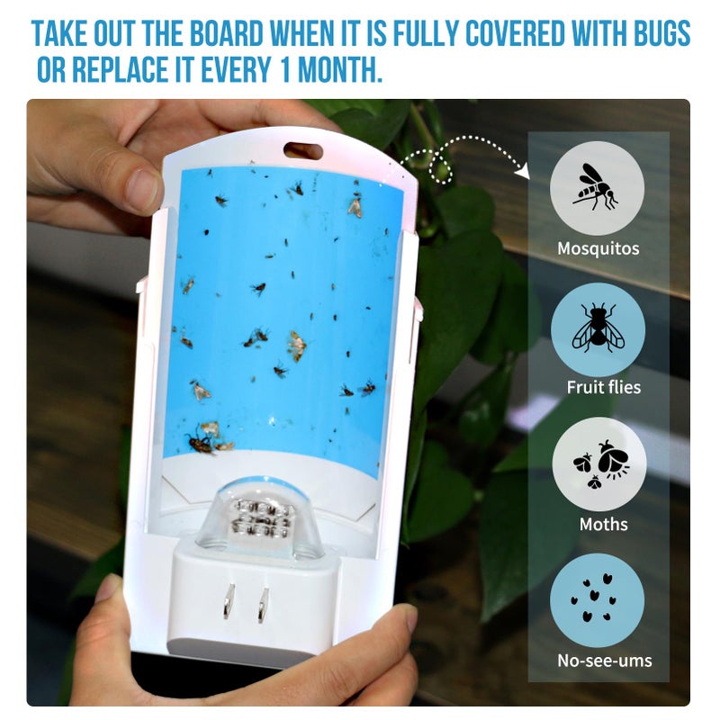 OSVDO 2 Pack Flying Insect Traps for Indoor, Plug-in Bug Catcher for Flies, Fruit Flies, Gnats, Moths, Noiseless for Home, 30-Day Glue Card Replaced (2 Devices & 8 Refills) - Image 3