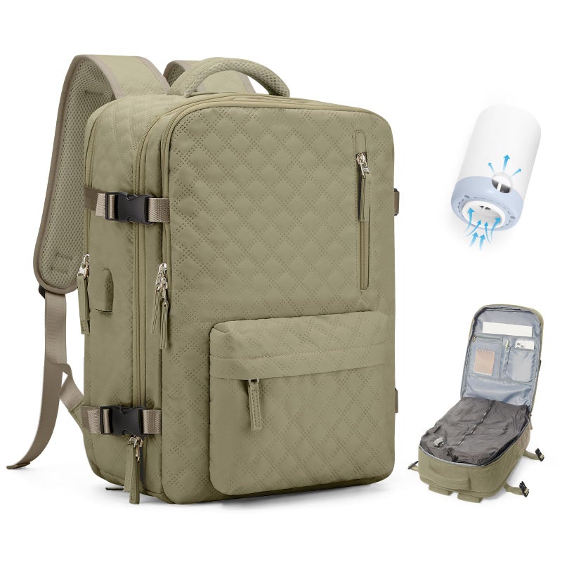 VECAVE Vacuum Travel Backpack with Pump for Women,Personal Item Carry on Backpacks Flight Approved 18x14x8 inches for Men,Laptop Waterproof Work Compression bags Casual Daypack Khaki. - Image 1