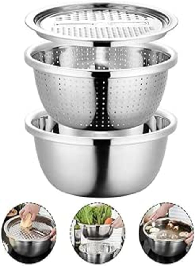 Dirgee Multipurpose julienne grater with container for kitchen,multifunctional stainless steel basin strainers bowl 3 in 1 cheese grater set for salad fruit vegetable washing/draining/shred,28cm
