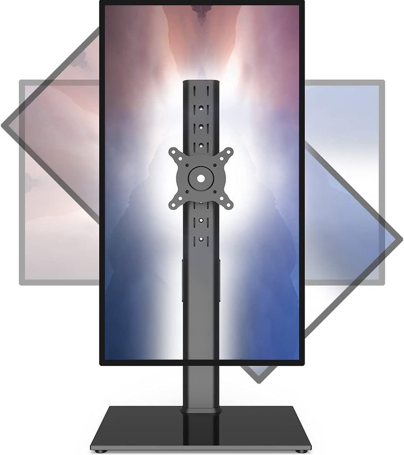 Hemudu Single Monitor Stand Freestanding 27-43 Inch Monitor Arm Curved Screen Monitor Mount Tempered Glass Base Adjustable Motion Tilt -15° to 10° Swivel ±45° Rotation 360° Weight Capacity 35KG HT05B-003 - Image 1