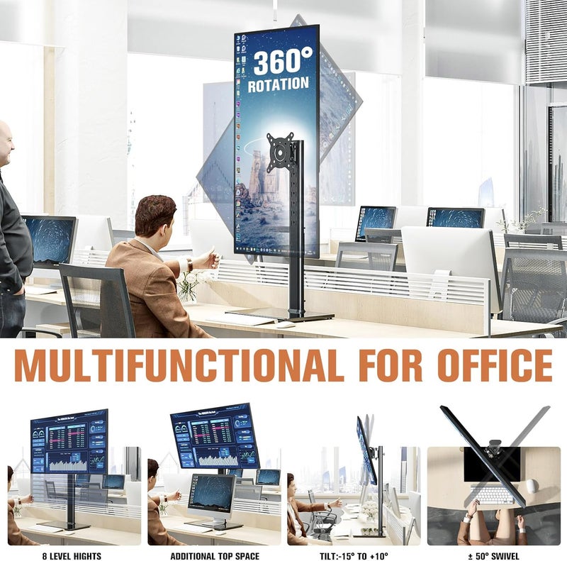 Hemudu Single Monitor Stand Freestanding 27-43 Inch Monitor Arm Curved Screen Monitor Mount Tempered Glass Base Adjustable Motion Tilt -15° to 10° Swivel ±45° Rotation 360° Weight Capacity 35KG HT05B-003 - Image 4